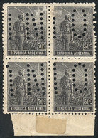 ARGENTINA: GJ.336, 50c. Plowman, Straight Rays Wmk, With "INUTILIZADO" Perforation, In Marginal Block Of 4, VF Quality" - Otros & Sin Clasificación