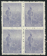 ARGENTINA: GJ.345, 20c. Plowman, German Paper With Vertical Honeycomb Wmk, MNH Block Of 4, VF - Otros & Sin Clasificación