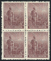 ARGENTINA: GJ.378, 4c. Plowman, Italian Paper With Vertical Honeycomb Wmk, Perf 13¼, MNH Block Of 4, VF Quality - Sonstige & Ohne Zuordnung
