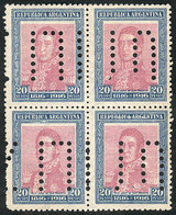 ARGENTINA: GJ.422O, 20P. Centenary Of Independence, With "INUTILIZADO" Perforation, In Block Of 4, VF Quality" - Otros & Sin Clasificación