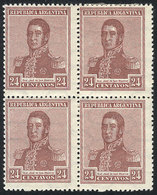 ARGENTINA: GJ.449, 24c. San Martín, Horiz Honeycomb Wmk, Block Of 4, VF Quality (3 Stamps MNH!) - Otros & Sin Clasificación