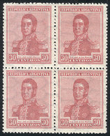 ARGENTINA: GJ.450, 30c. San Martín, Horiz Honeycomb Wmk, Block Of 4, VF Quality (3 Stamps MNH!) - Otros & Sin Clasificación