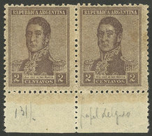 ARGENTINA: GJ.466, 2c. San Martín, Without Watermark, Perf 13½, Printed On Very Thin Transparent Paper, Marginal Pair, V - Sonstige & Ohne Zuordnung