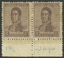 ARGENTINA: GJ.466, 2c. San Martín, Without Watermark, Perf 13½, Printed On Very Thin Transparent Paper, Marginal Pair, V - Andere & Zonder Classificatie