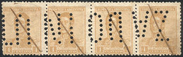 ARGENTINA: GJ.480, 1c. San Martín, Perf 13¼x12½, Strip Of 4 Stamps, One With Wheatley Bond Wmk, With "INUTILIZADO" Perfo - Other & Unclassified