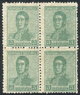 ARGENTINA: GJ.482, 3c. San Martín, Block Of 4, With Filigrana WHEATLEY BOND Wmk, VF Quality (2 MNH!), Rare Block With Wa - Other & Unclassified