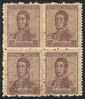 ARGENTINA: GJ.485, ½c. San Martín, Perf 13¼, Block Of 4, 2 With WHEATLEY BOND Wmk, VF - Other & Unclassified