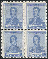 ARGENTINA: GJ.519, 20c. San Martín, Fiscal Sun Wmk, Perf 13¼, MNH Block Of 4, Excellent - Sonstige & Ohne Zuordnung