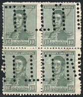 ARGENTINA: GJ.548, 10c. San Martín, Round Sun Wmk, Perf 13¼x12½, Block Of 4 With "INUTILIZADO" Perforation, VF Quality,  - Other & Unclassified