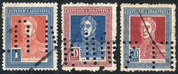 ARGENTINA: GJ.586O + 588O + 589O, 1P, 10P And 20P. San Martín, Round Sun Wmk, With "INUTILIZADO" Perforation, VF Quality - Autres & Non Classés