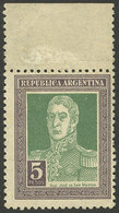 ARGENTINA: GJ.587, 5$ San Martín, With Sheet Margin, Light Crease, Low Start - Autres & Non Classés