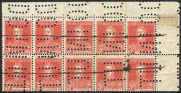 ARGENTINA: GJ.599, 5c. San Martín, Without Period After The Value, Corner Block Of 10 Stamps With "INUTILIZADO" Perforat - Autres & Non Classés