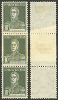 ARGENTINA: GJ.600, 10c. San Martín W/o Period, Strip Of 3 Stamps With End-of-roll Double Paper, Unused, Without Gum, VF - Autres & Non Classés