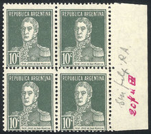 ARGENTINA: GJ.600c, 10c. San Martín, Without Period After Value, Invisible Watermark Variety, Marginal Block Of 4, Unuse - Altri & Non Classificati