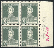 ARGENTINA: GJ.600c, 10c. San Martín, Without Period After Value, Invisible Watermark Variety, Marginal Block Of 4, Unuse - Otros & Sin Clasificación