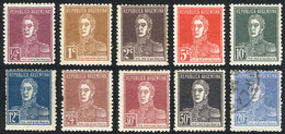 ARGENTINA: GJ.611/20, San Martín, Without Period After Value, On Ribbed Paper, Cmpl. Set Of 10 Values, All The Stamps Wi - Autres & Non Classés
