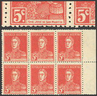 ARGENTINA: GJ.629d, 5c. San Martín, AP Watermark, Marginal Block Of 6 Stamps, One Of Them With Period, MNH, VF Quality - Other & Unclassified