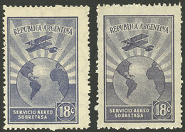 ARGENTINA: GJ.639 + 639A, Airmail 18c. Sobretasa, In Gray-violet And Slate Gray, VF - Altri & Non Classificati