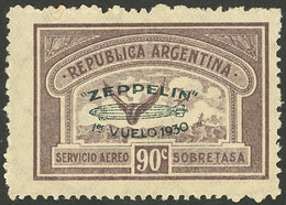 ARGENTINA: GJ.667, Airmail 90c. Zeppelin First Flight, Green Overprint, VF - Other & Unclassified