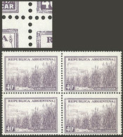 ARGENTINA: GJ.768Ac, 40c. Sugar Cane, Glazed Paper, Block Of 4, 3 Of Them With Retouch In The Inner Angles, VF - Otros & Sin Clasificación