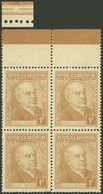 ARGENTINA: GJ.773b, 1c. Sarmiento, National Unsurfaced Gaufre Paper (papel Gofrado), Marginal Block Of 4, One With Varie - Otros & Sin Clasificación