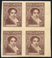 ARGENTINA: GJ.774, Rivadavia 10c. With Pointed Collar, Imperforate Block Of 4, From A Proof In The Issued Color, Unwater - Autres & Non Classés