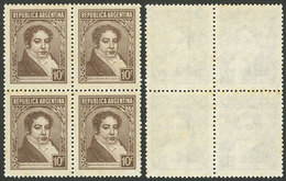 ARGENTINA: GJ.774Ab, 10c. Rivadavia, Round Lapel, National Unsurfaced Paper, Block Of 4, 2 With Variety: Vertical Line W - Autres & Non Classés