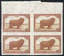 ARGENTINA: GJ.788P, 30c. Wool, Straight Rays Wmk, Imperforate Block Of 4 With Sheet Margin, MNH - Otros & Sin Clasificación