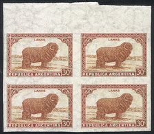 ARGENTINA: GJ.788P, 30c. Wool, Straight Rays Wmk, Imperforate Block Of 4 With Sheet Margin, MNH - Altri & Non Classificati