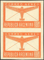 ARGENTINA: GJ.857P, 30c. Airmail, Imperforate Pair, VF - Autres & Non Classés