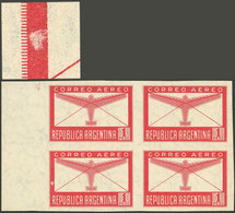 ARGENTINA: GJ.861P, 1P. Airmail, Imperf Block Of 4, One With Variety: White Spot On The Left Frame, Sheet Margin, VF - Autres & Non Classés