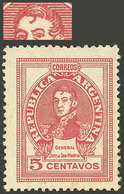 ARGENTINA: GJ.871a, 5c. San Martín, Imported Unsurfaced Paper, Variety: Curl On The Forehead, VF - Autres & Non Classés