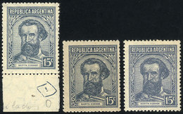 ARGENTINA: GJ.872 + 883b + 892, Güemes 15c., On Importend Unsurfaced Paper (hinge Mark), With Clear Straight Rays And Un - Autres & Non Classés