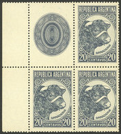 ARGENTINA: GJ.874CA, 20c. Bull, Large Format, Block Of 3 Stamps And 1 Label, With Sheet Margin, MNH - Autres & Non Classés