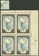 ARGENTINA: GJ.876A, 1P. Map With Antarctica, With Black Frame, Corner Block Of 4, One With Variety: "Island" In The Atla - Autres & Non Classés