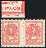 ARGENTINA: GJ.878, 5c. San Martín, National Unsurfaced Paper, Pair, One With Variety: "V" Of CENTAVOS Incomplete, VF" - Autres & Non Classés