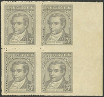 ARGENTINA: GJ.889P, 3c. Moreno, Without Watermark, Block Of 4, The Right Pair IMPERFORATE, VF And Rare! - Otros & Sin Clasificación