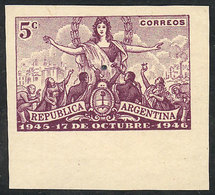 ARGENTINA: GJ.935, 5c. First Anniversary Of 17 October 1945, Proof In Violet (issued) On Unsurfaced Paper, Unwatermarked - Autres & Non Classés