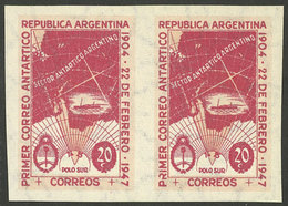 ARGENTINA: GJ.945P, 20c. 1st Antarctic Mail, Round Sun Wmk, Imperforate Pair, VF Quality - Otros & Sin Clasificación