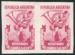 ARGENTINA: GJ.959P, 5c. Bicentennial Of The Postal Service In The River Plate, Imperforate Pair, Tiny Defect On Back, Ve - Otros & Sin Clasificación