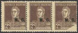 ARGENTINA: GJ.174, 2c. San Martín With Period, "M.G." Ovpt., Perf 13¼x12½, Strip Of 3, One With Variety: Partial Impress - Officials