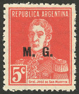 ARGENTINA: GJ.189, 5c. San Martín W/o Period, "M.G." Ovpt., Printed On Ribbed Paper, VF" - Oficiales