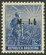 ARGENTINA: GJ.360a, 12c. Plowman, On Italian Paper With Horizontal Honeycomb Wmk, "M.I." Ovpt. With A Second Added "I",  - Oficiales