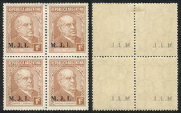 ARGENTINA: GJ.434, 1c. Sarmiento, "M.J.I." Ovpt, Block Of 4, With Variety: Offset Impression Of The Overprint On Back, A - Service