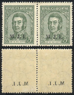 ARGENTINA: GJ.436, 3c. San Martín, "M.J.I." Ovpt, With Variety: Offset Impression Of The Overprint On Back, VF Quality" - Oficiales