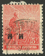 ARGENTINA: GJ.453a, 5c. Plowman, "M.M." Ovpt., German Paper With Vertical Honeycomb Wmk, Inverted Overprint Var., Used,  - Servizio