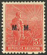 ARGENTINA: GJ.456, 5c. Plowman, "M.M." Ovpt., Italian Paper With Vertical Honeycomb Wmk, Perf 13¼x12½, VF Quality" - Servizio