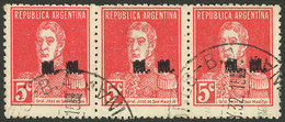 ARGENTINA: GJ.493a, 5c. San Martín W/o Period, "M.M." Ovpt., Double Overprint Var., Used Strip Of 3, VF, Extremely Rare! - Oficiales