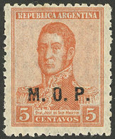 ARGENTINA: GJ.529, 5c. San Martín, "M.O.P." Overprint, Multiple Suns Wmk, Perf 13¼x12½, VF" - Oficiales