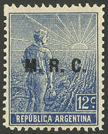 ARGENTINA: GJ.579, 12c. Labrador, "M.R.C." Ovpt., German Paper With Vertical Honeycomb Wmk, Perf 13¼, VF" - Servizio